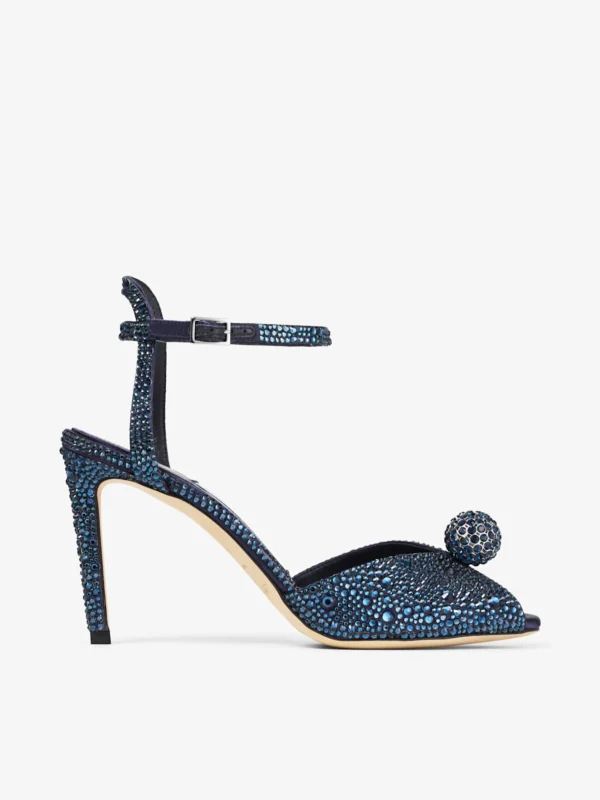 Jimmy Choo Sacora 85 Marine Satin Sandals with Crystal Sphere