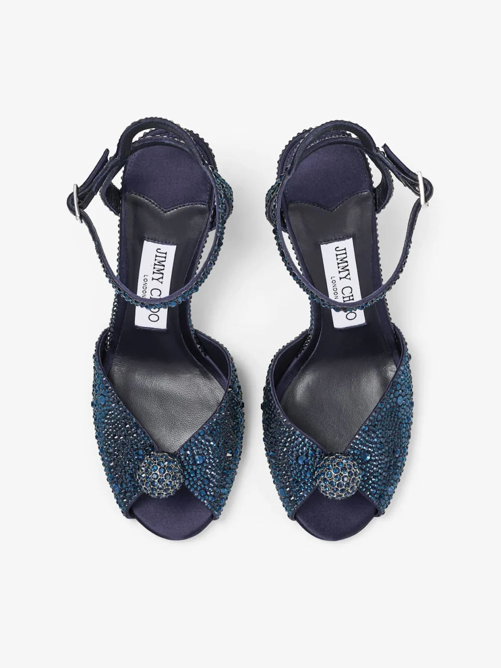 Jimmy Choo Sacora 85 Marine Satin Sandals with Crystal Sphere, another view