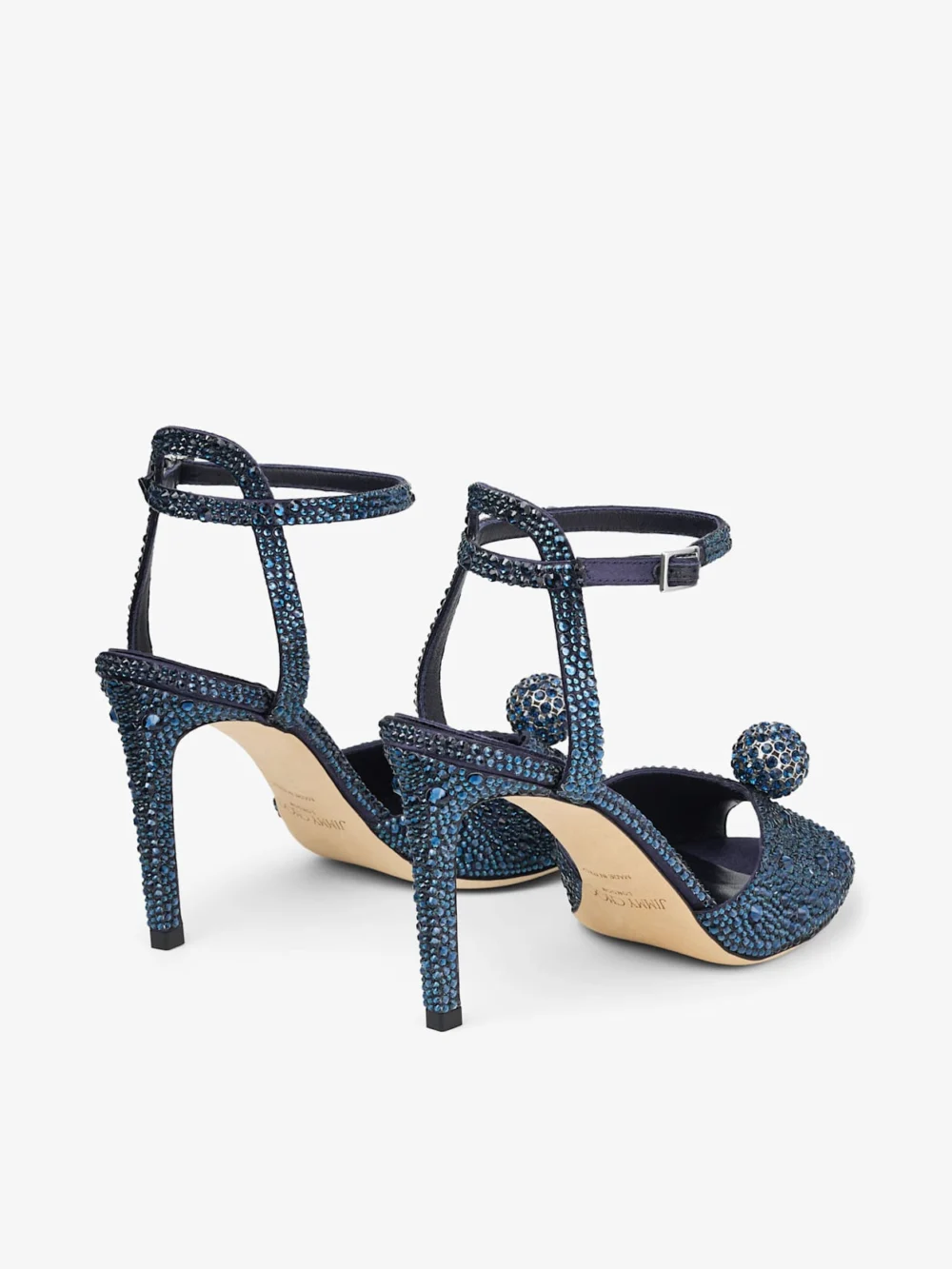 Jimmy Choo Sacora 85 Marine Satin Sandals with Crystal Sphere, another view