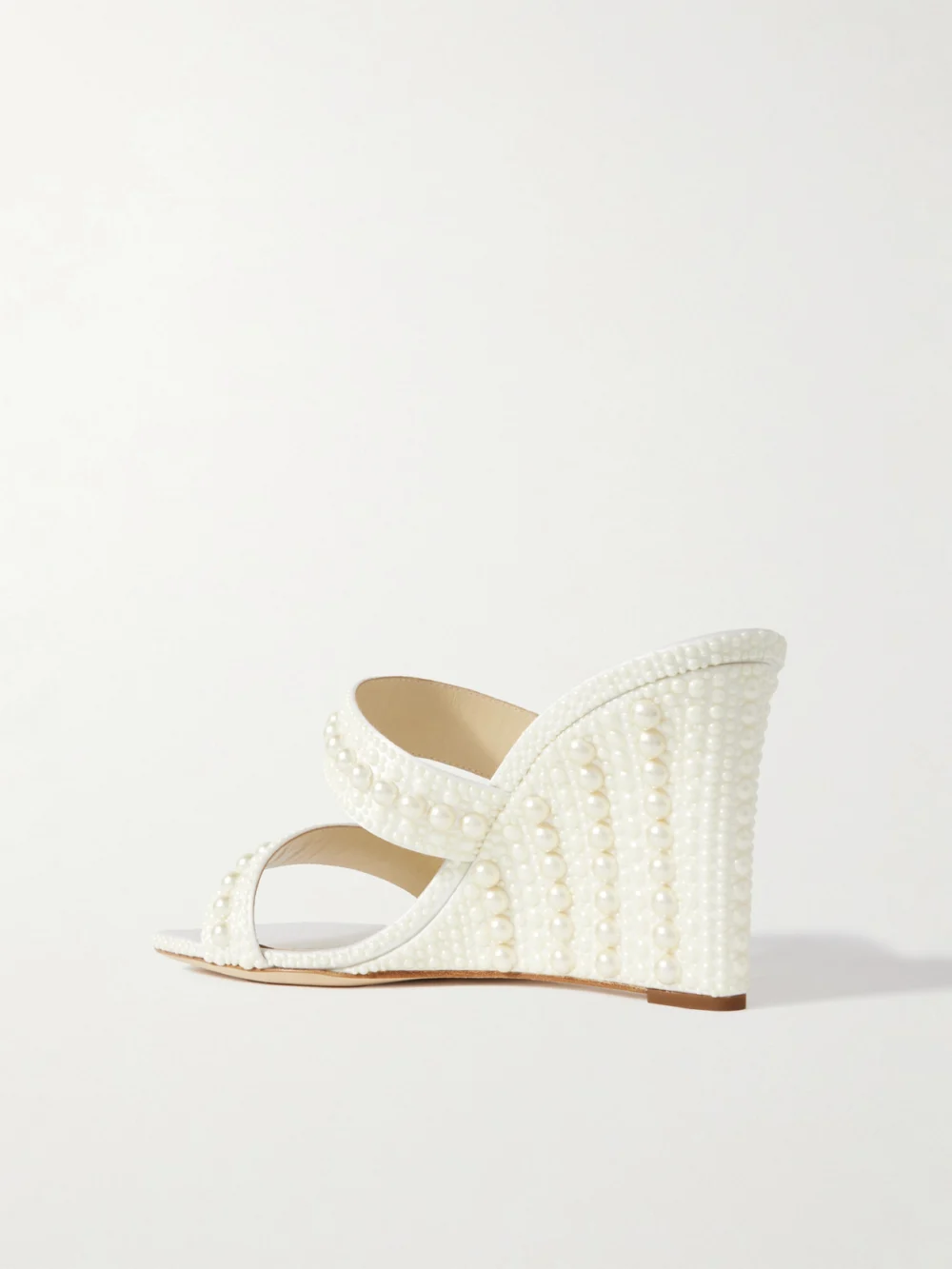 Back view of the Jimmy Choo Sacoria 85 Pearl-embellished Satin Wedge Sandals