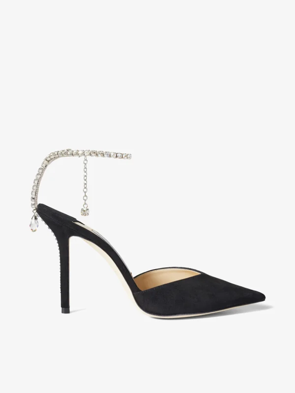 Jimmy Choo Saeda 100 Black Suede Pumps with Crystal Embellishment