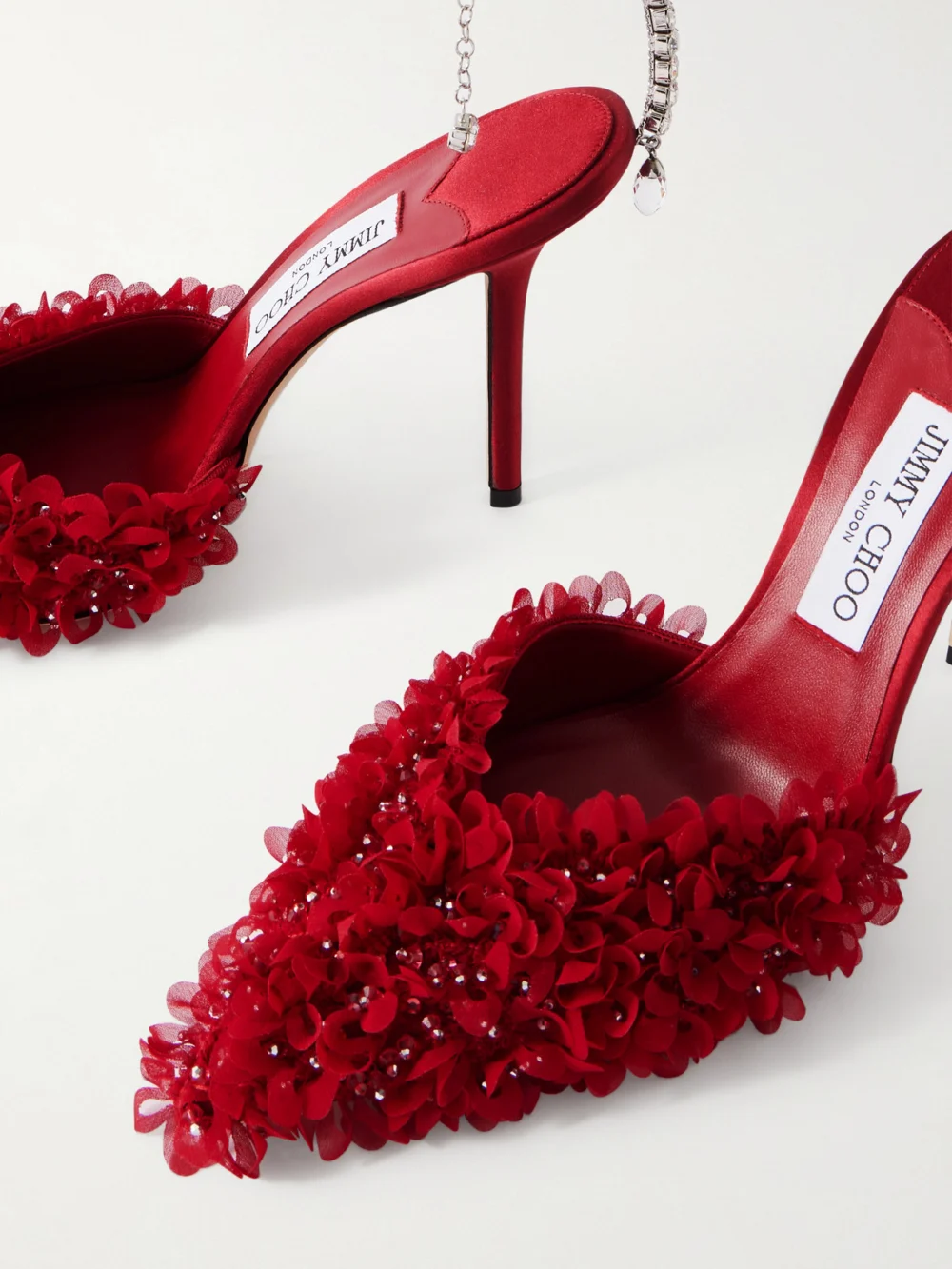 Close-up detail of the Jimmy Choo Saeda 100 Crystal-embellished Embroidered Mesh Pumps