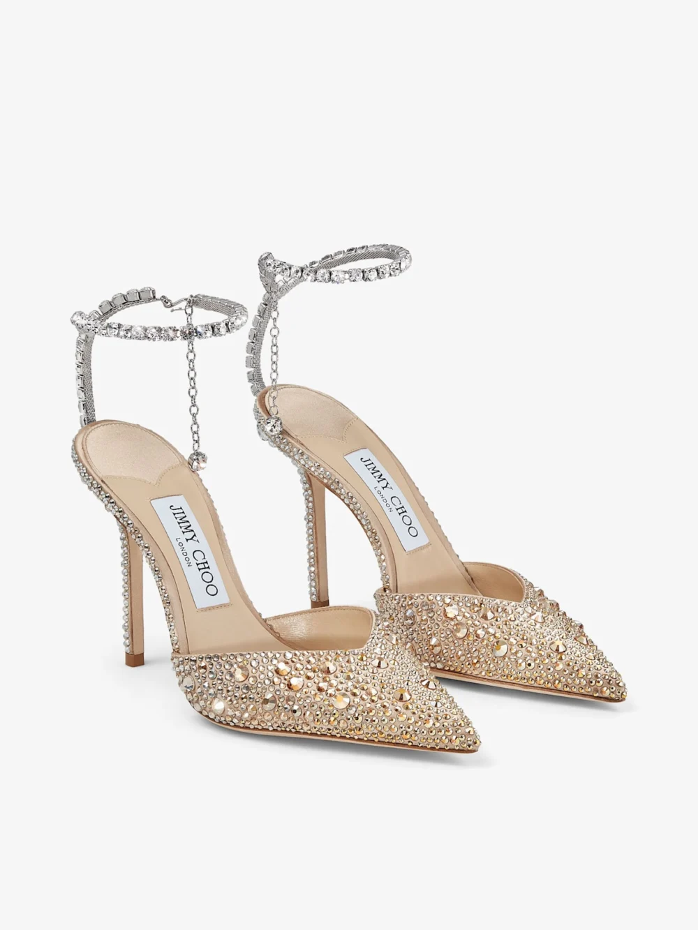 Close-up detail of the Jimmy Choo Saeda 100 Gold Satin Pumps with Crystals