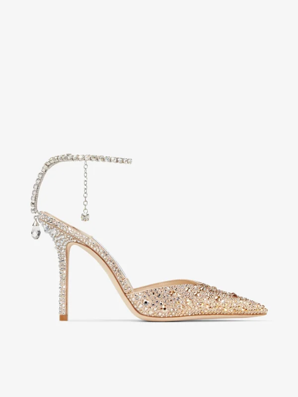 Jimmy Choo Saeda 100 Gold Satin Pumps with Crystals