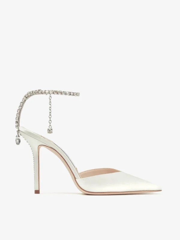 Jimmy Choo Saeda 100 Ivory Satin Pumps with Crystal Embellishment