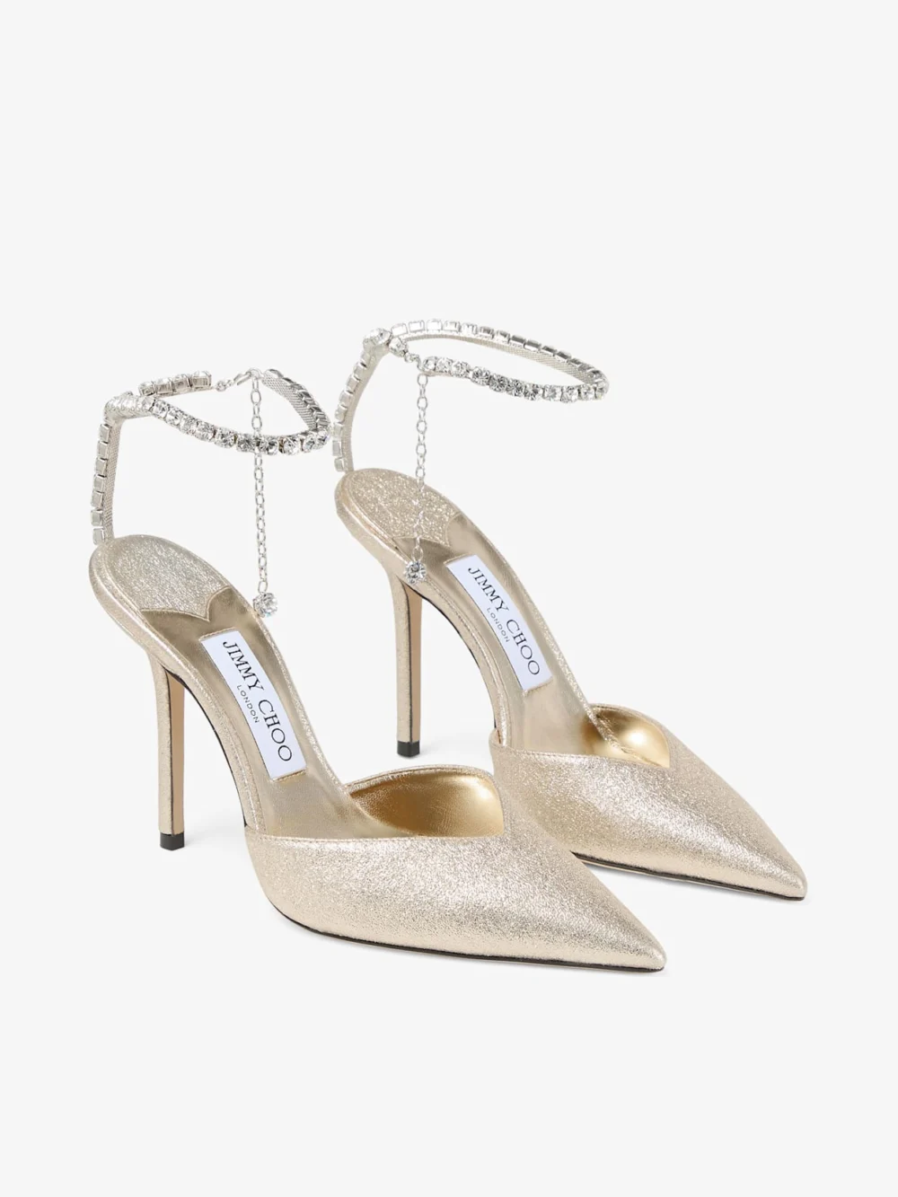 Close-up detail of the Jimmy Choo Saeda 100 Platinum Brilliance Fabric Pumps with Crystal Chain