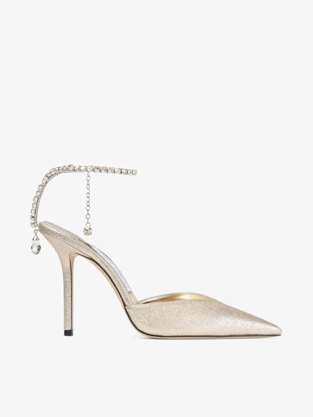 Jimmy Choo Saeda 100 Platinum Brilliance Fabric Pumps with Crystal Chain in platinum