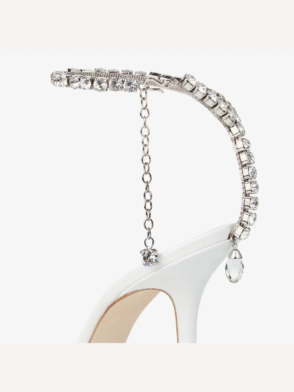 Close-up detail of the Jimmy Choo Saeda 100 White Mesh Crystal Pumps