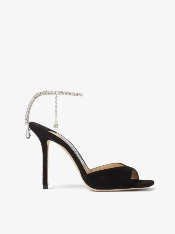 Jimmy Choo Saeda Sandal 100 Black Suede Sandals with Crystal Embellishment