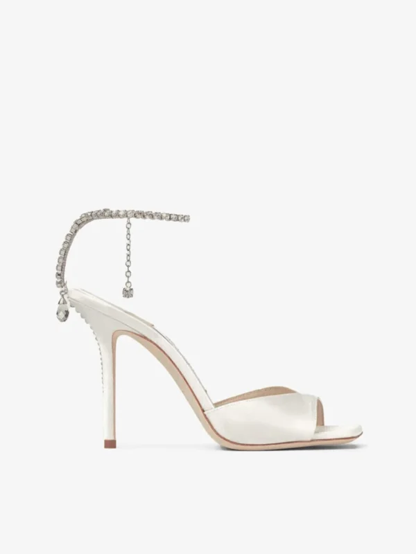 Jimmy Choo Saeda Sandal 100 Ivory Satin Sandals with Crystal Embellishment