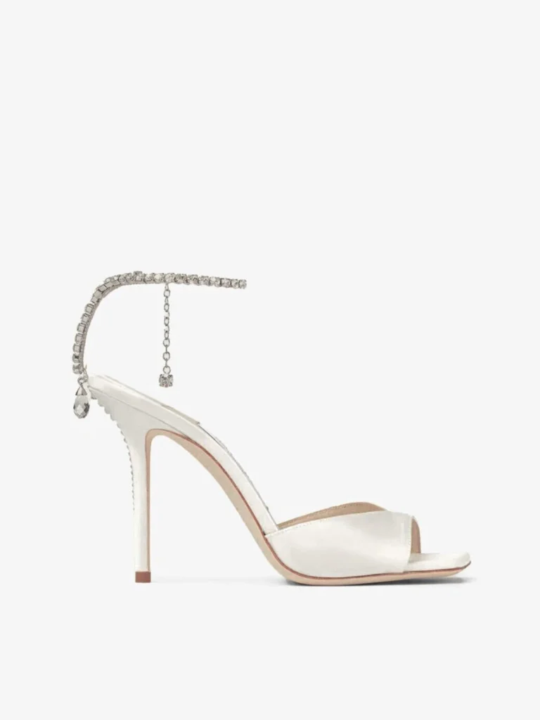 Jimmy Choo Saeda Sandal 100 Ivory Satin Sandals with Crystal Embellishment