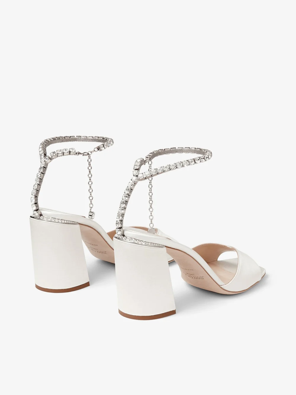 Jimmy Choo Saeda Sandal Block Heel 85 Ivory Satin Block Heel Sandals with Crystal Chain, another view
