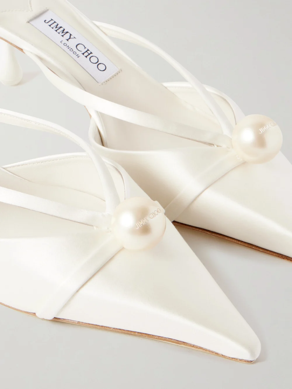 Close-up detail of the Jimmy Choo Sana 50 Embellished Satin Mules