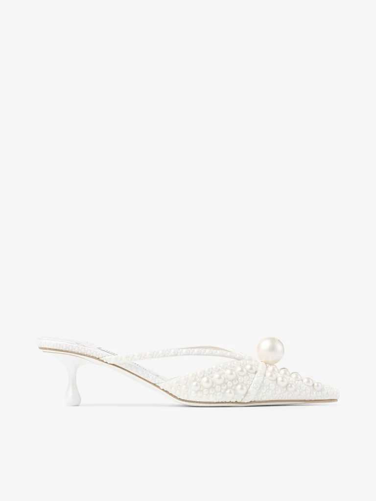 Jimmy Choo Sana Mule 50 White Satin Mule with Pearl Embellishments
