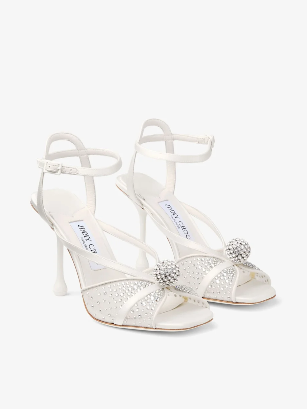 Side view of the Jimmy Choo Sarai Sandal 95 Ivory Mesh and Satin Sandals with Dégradé Galaxy Crystal and Crystal Sphere Embel