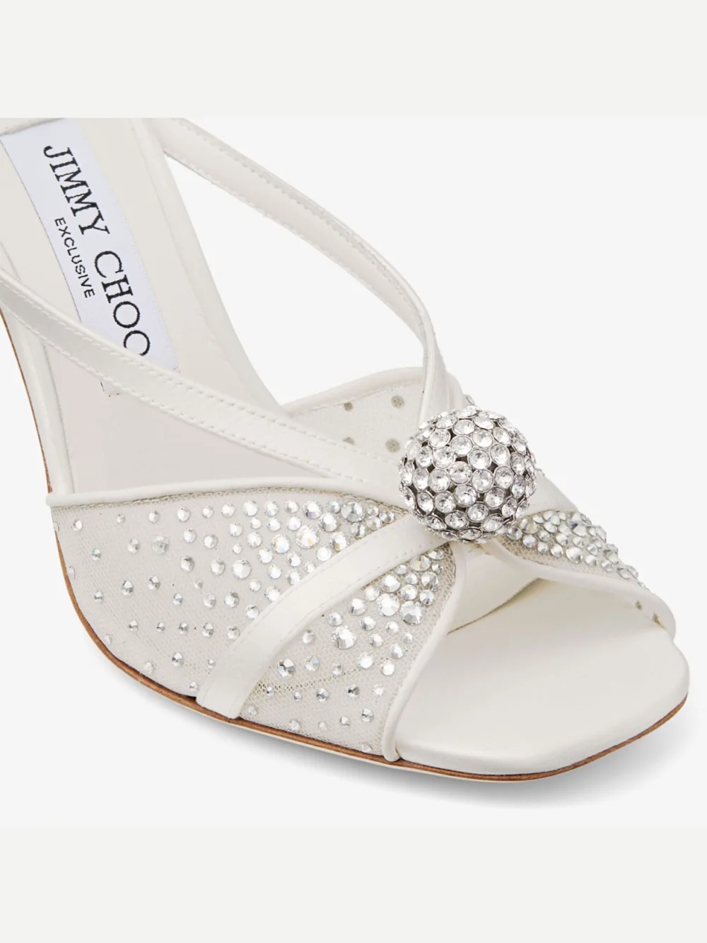 Close-up detail of the Jimmy Choo Sarai Sandal 95 Ivory Mesh and Satin Sandals with Dégradé Galaxy Crystal and Crystal Sphere