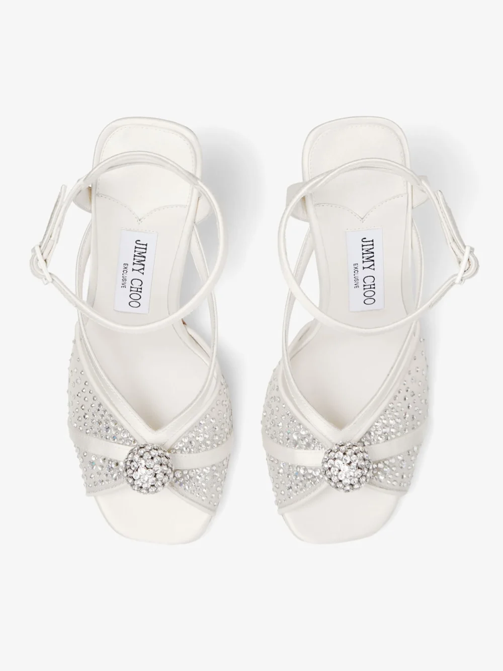 Back view of the Jimmy Choo Sarai Sandal 95 Ivory Mesh and Satin Sandals with Dégradé Galaxy Crystal and Crystal Sphere Embel