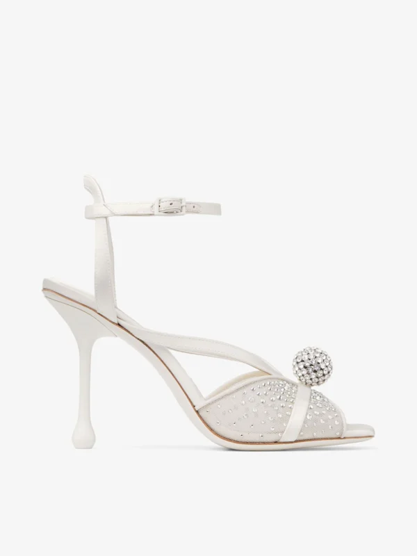 Jimmy Choo Sarai Sandal 95 Ivory Mesh and Satin Sandals with Dégradé Galaxy Crystal and Crystal Sphere Embellishment