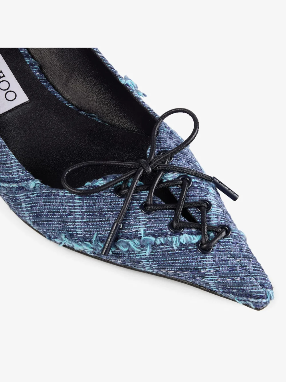 Back view of the Jimmy Choo Scarlett 50 Crosshatch Denim Pumps