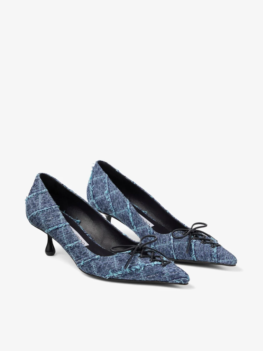Close-up detail of the Jimmy Choo Scarlett 50 Crosshatch Denim Pumps