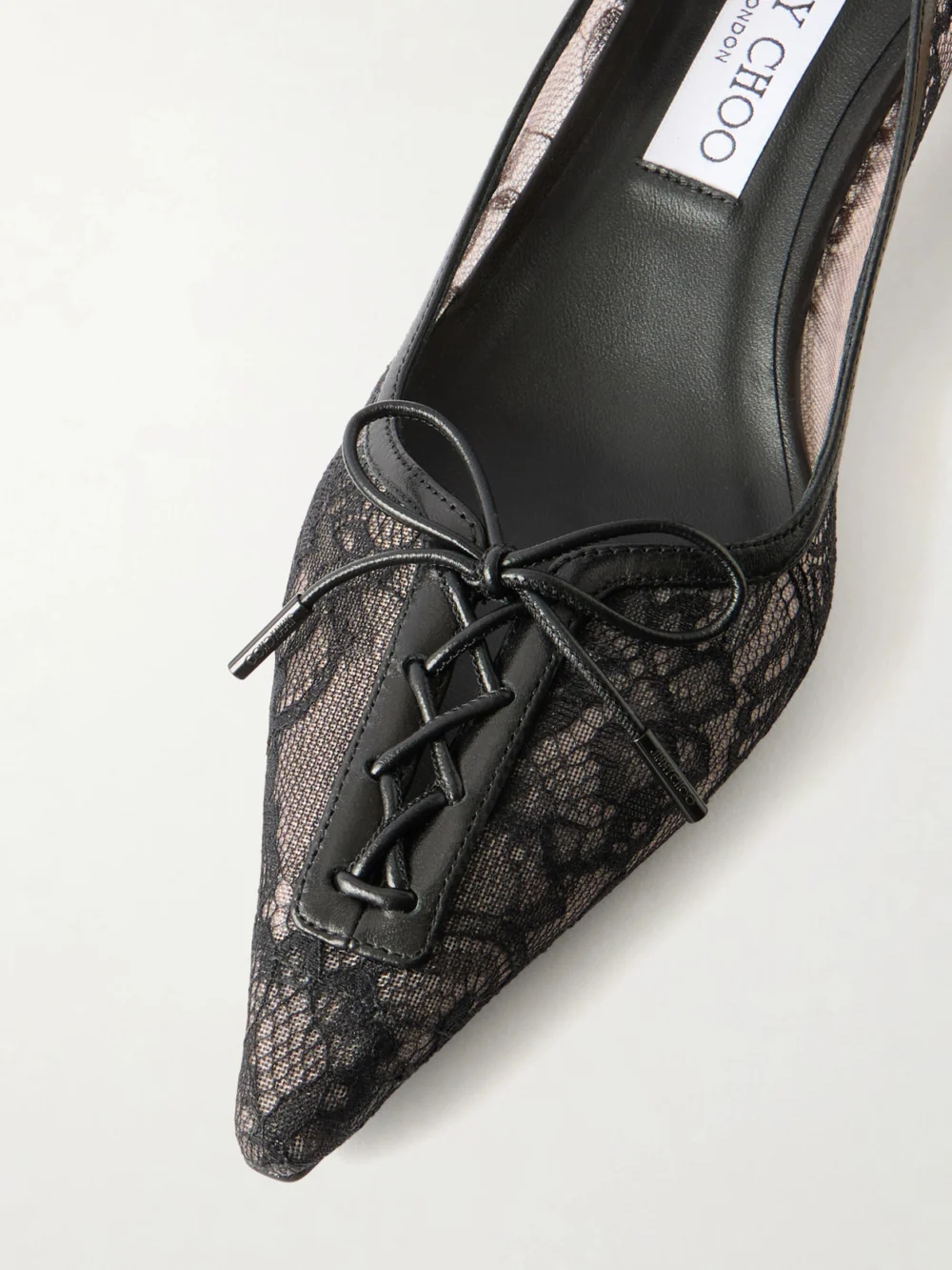Close-up detail of the Jimmy Choo Scarlett 50 Leather-trimmed Lace Pumps