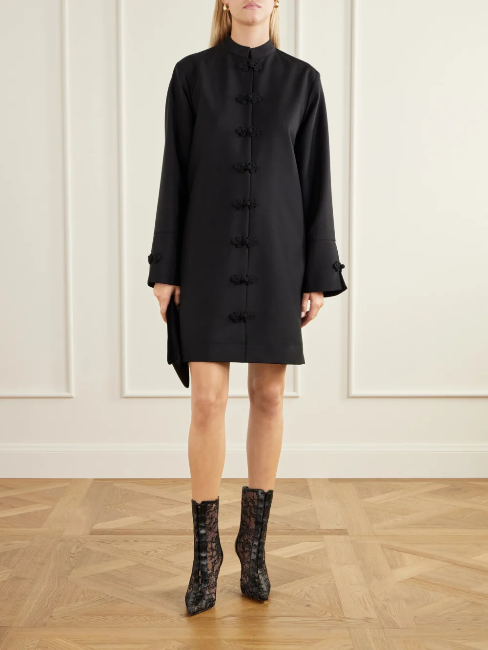 Jimmy Choo Scarlett 95 Lace and Leather-trimmed Ankle Boots, styled view