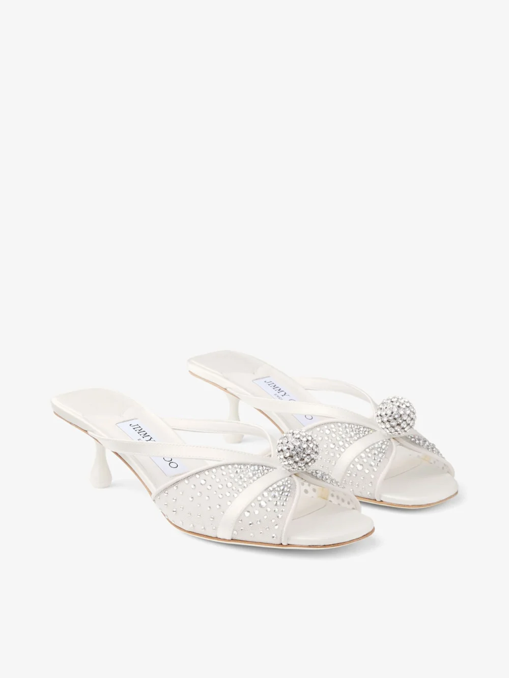 Side view of the Jimmy Choo Siva Mule 50 Ivory Mesh and Satin Mules with Dégradé Galaxy Crystal and Crystal Sphere Embellishm