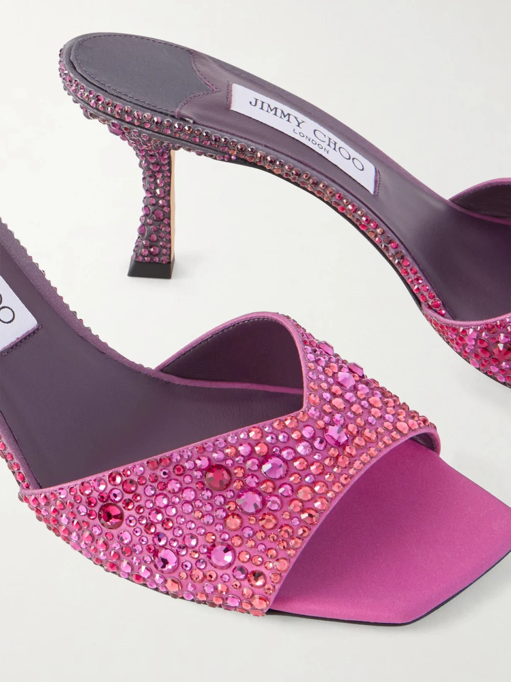 Close-up detail of the Jimmy Choo Skye 70 Crystal-embellished Satin Mules