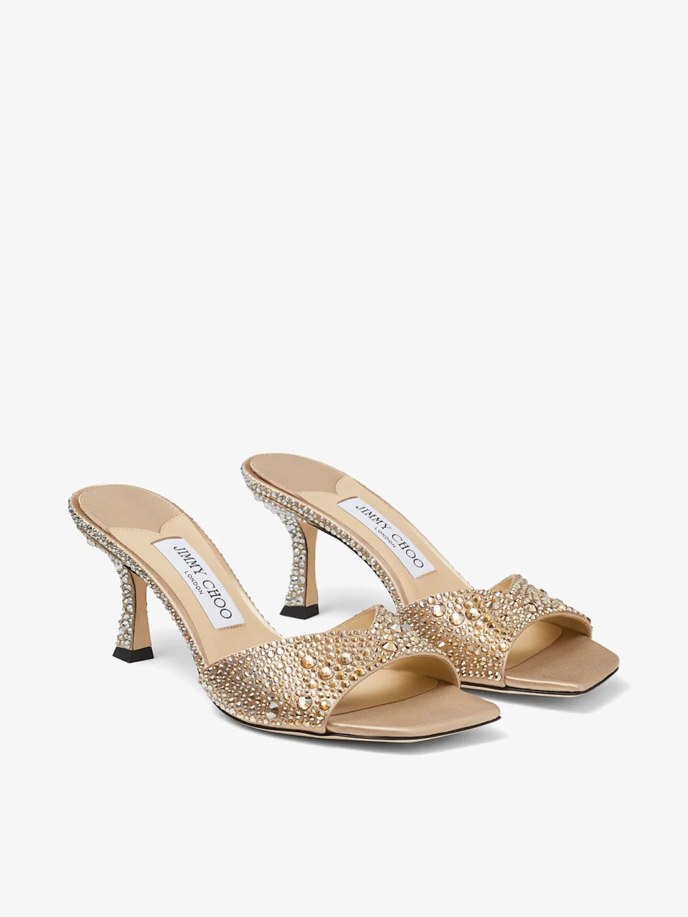 Close-up detail of the Jimmy Choo Skye 70 Gold Satin Crystal Sandals