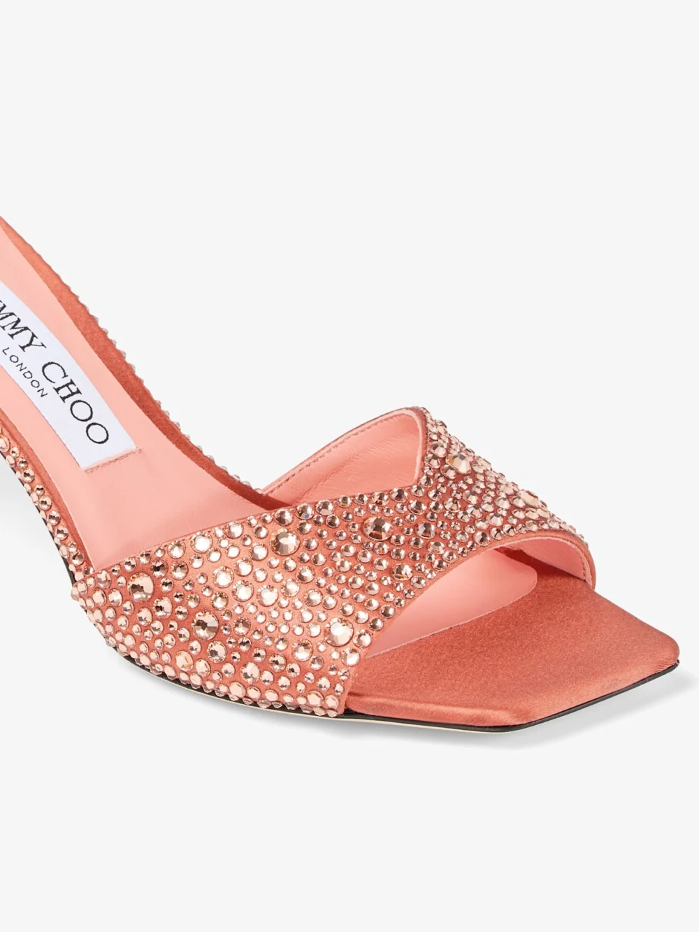 Back view of the Jimmy Choo Skye 70 Grapefruit Satin Mules with Crystal Embellishment