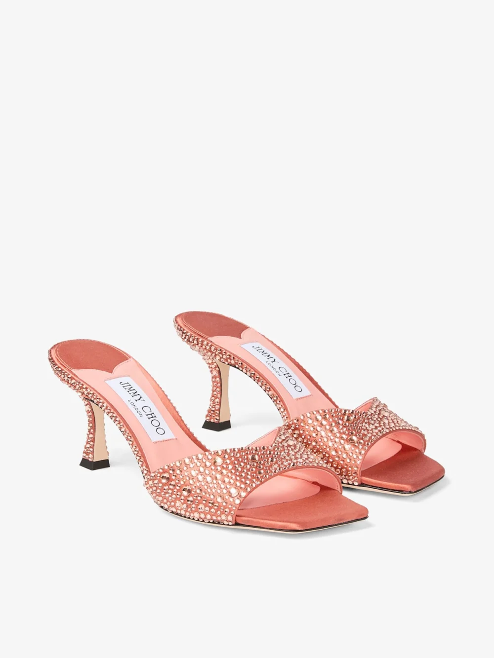 Close-up detail of the Jimmy Choo Skye 70 Grapefruit Satin Mules with Crystal Embellishment