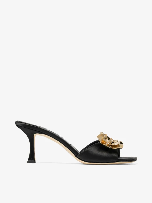 Jimmy Choo Skye 70 Zea Flower Black Satin Mule Sandals with Flower Jewels