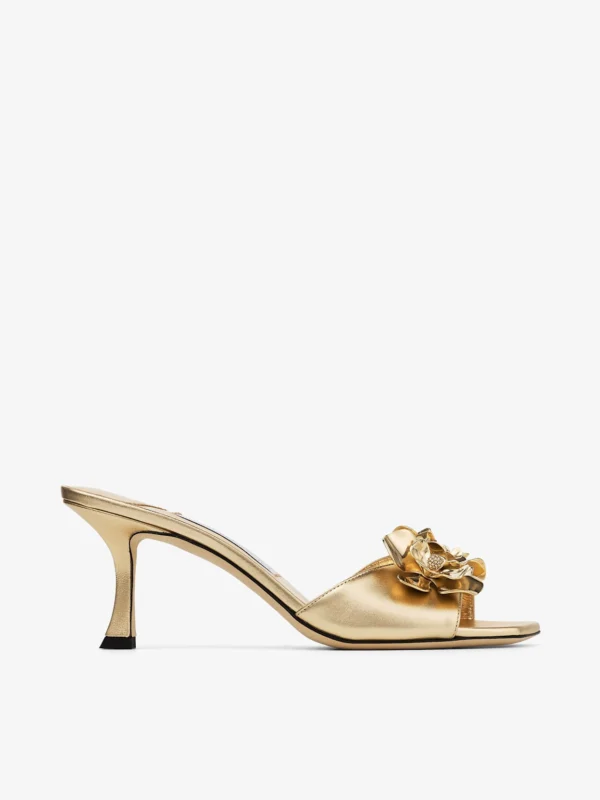 Jimmy Choo Skye 70 Zea Flower Gold Metallic Nappa Leather Mule Sandals with Metal Flower Jewels