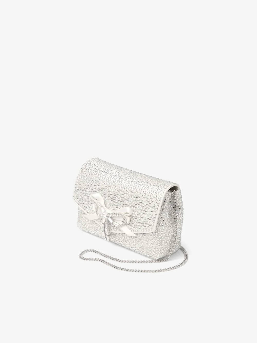 Close-up detail of the Jimmy Choo Soft Bow Mini Bag Ivory Satin Mini Bag with Crystal Bow
