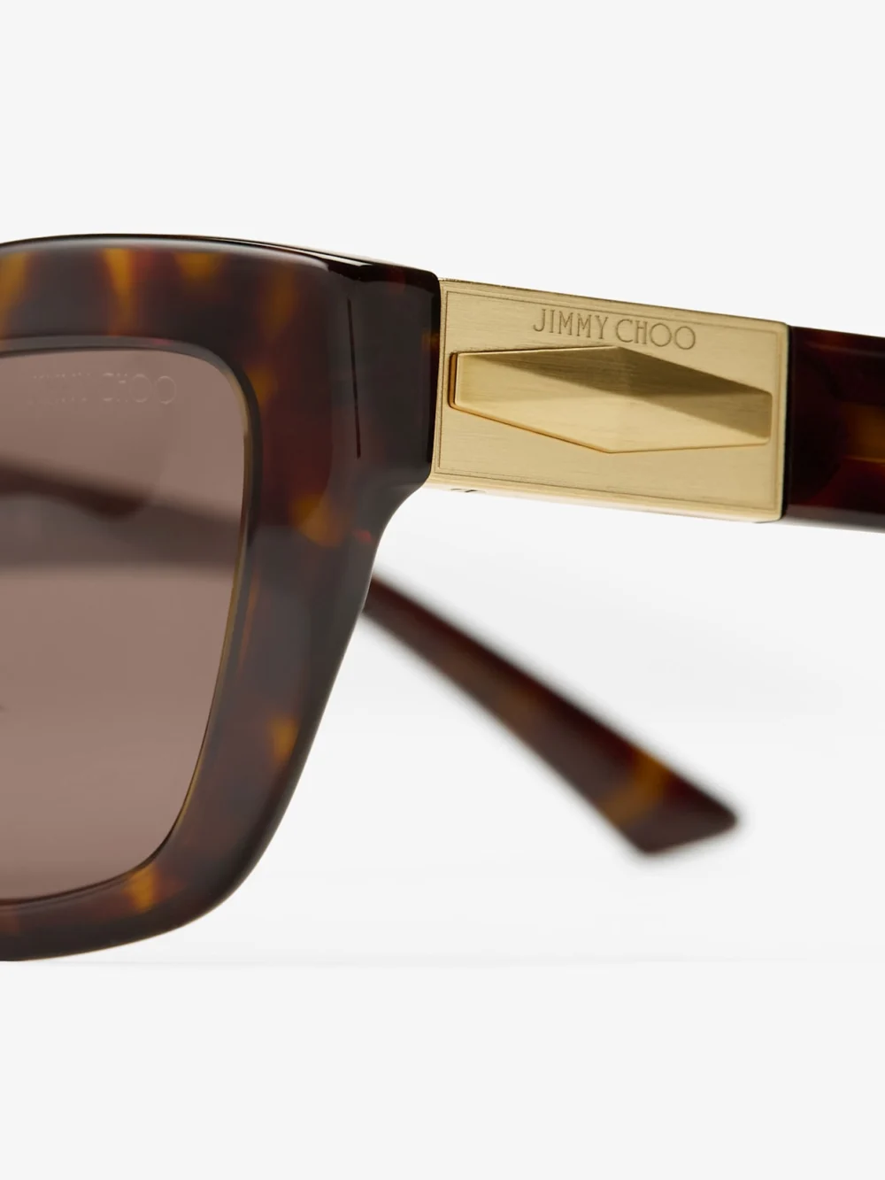 Close-up detail of the Jimmy Choo Solene Brown Havana Cat Eye Sunglasses