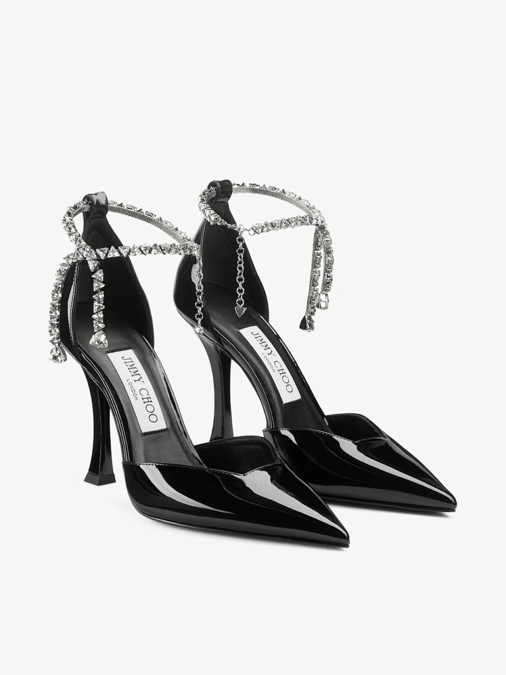 Close-up detail of the Jimmy Choo Stevie 100 Black Patent Leather Pumps