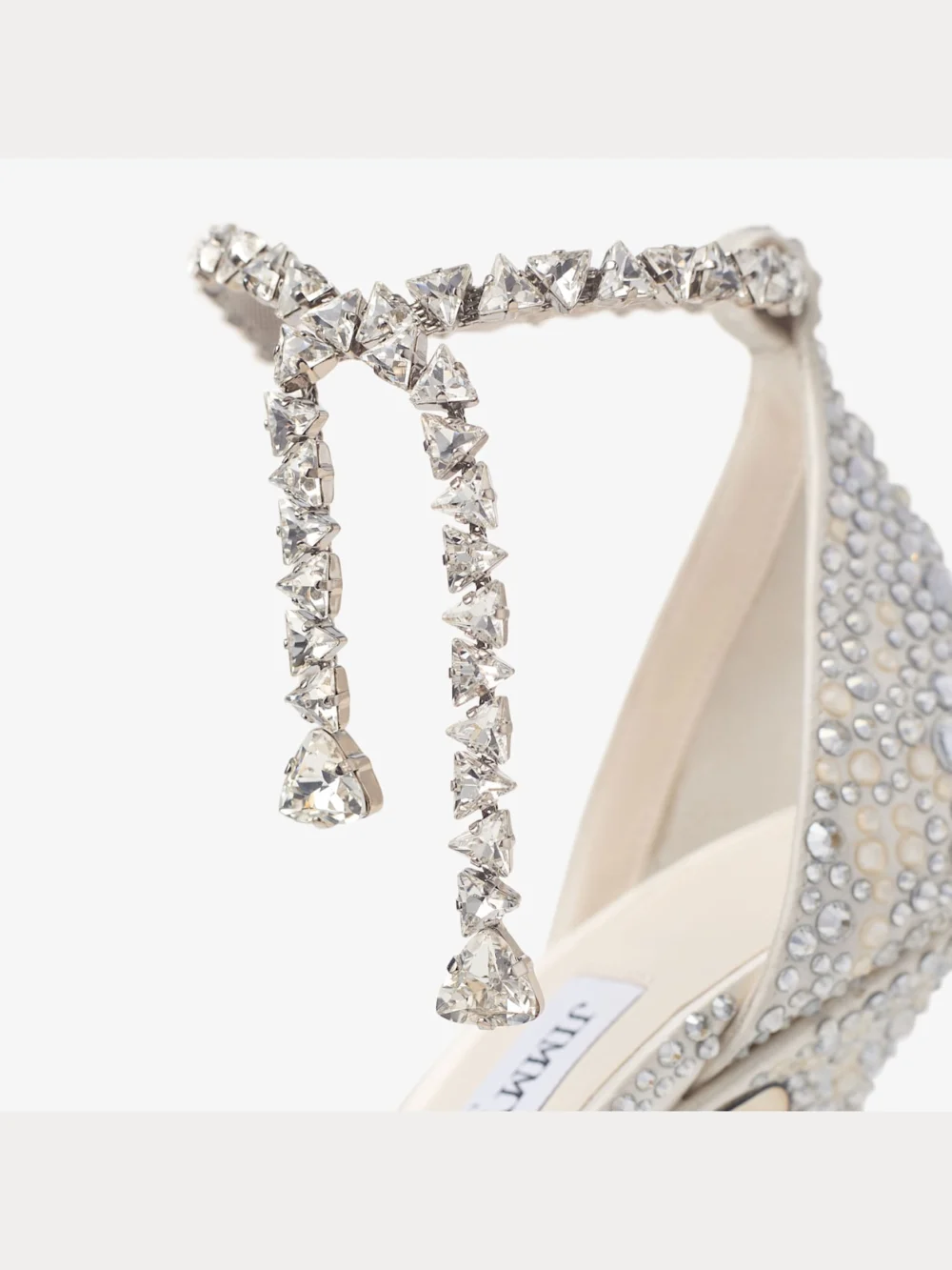 Back view of the Jimmy Choo Stevie 100 Ivory Satin Crystal Pumps