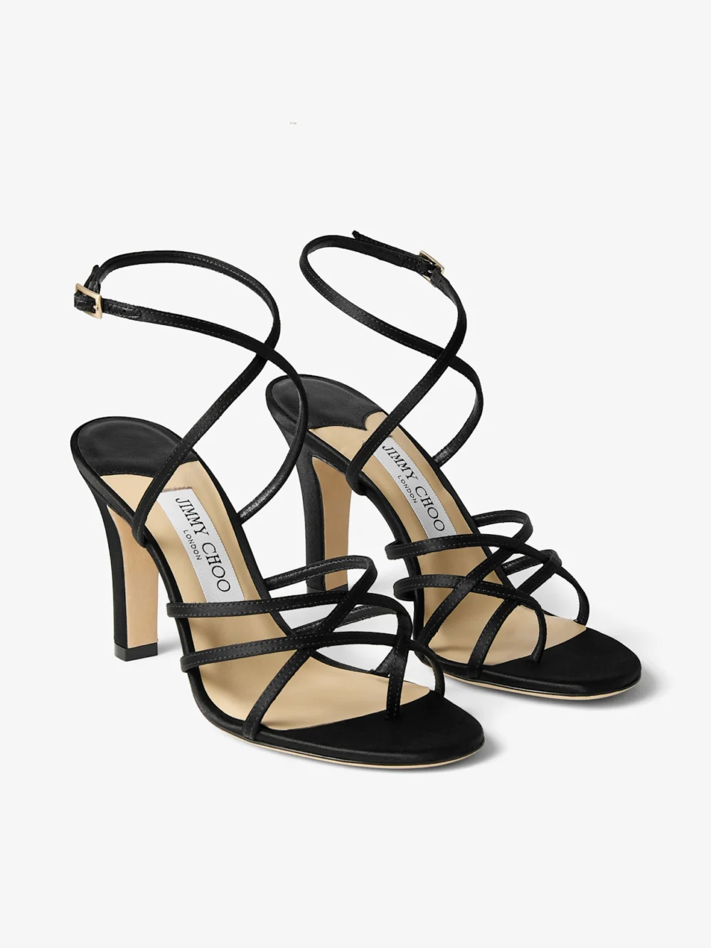 Close-up detail of the Jimmy Choo Strappy Black Satin Sandal