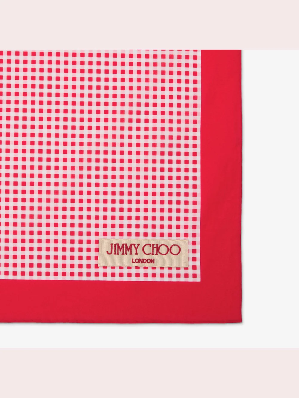 Close-up detail of the Jimmy Choo Sula Bandana Ruby Red Mix Gingham Print Cotton Bandana