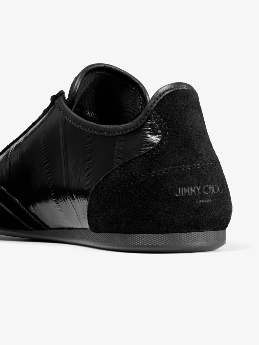 Back view of the Jimmy Choo Sunny F Black Leather Mix and Eel Printed Leather Low Top Trainers