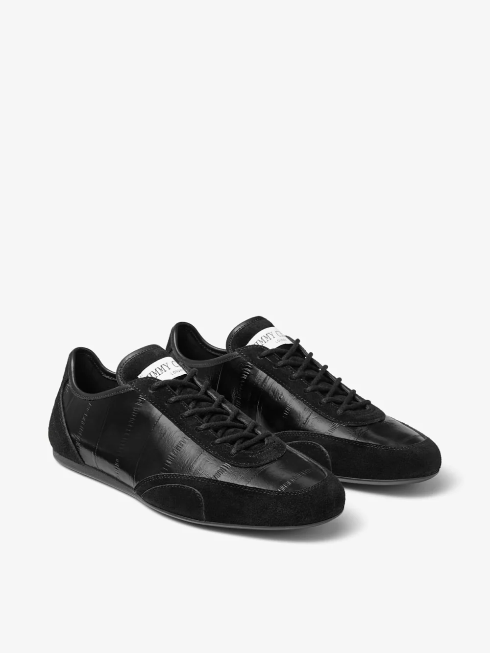 Close-up detail of the Jimmy Choo Sunny F Black Leather Mix and Eel Printed Leather Low Top Trainers