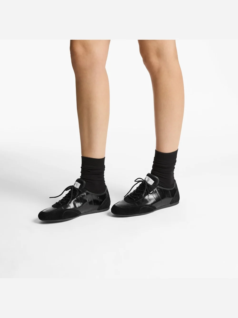 Side view of the Jimmy Choo Sunny F Black Leather Mix and Eel Printed Leather Low Top Trainers