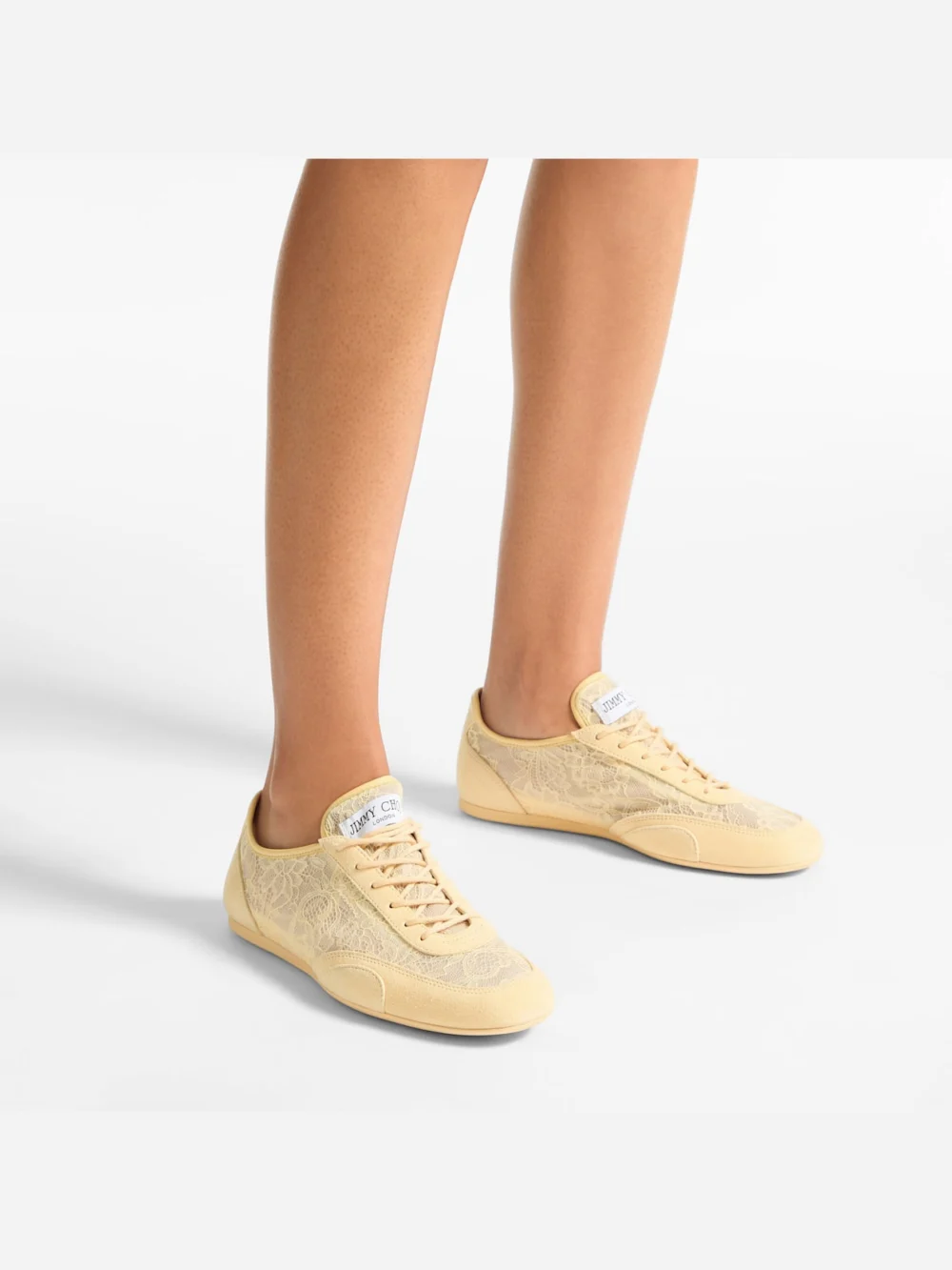 Close-up detail of the Jimmy Choo Sunny F Corn Leather Mix and Jimmy Choo Lace Low Top Trainers