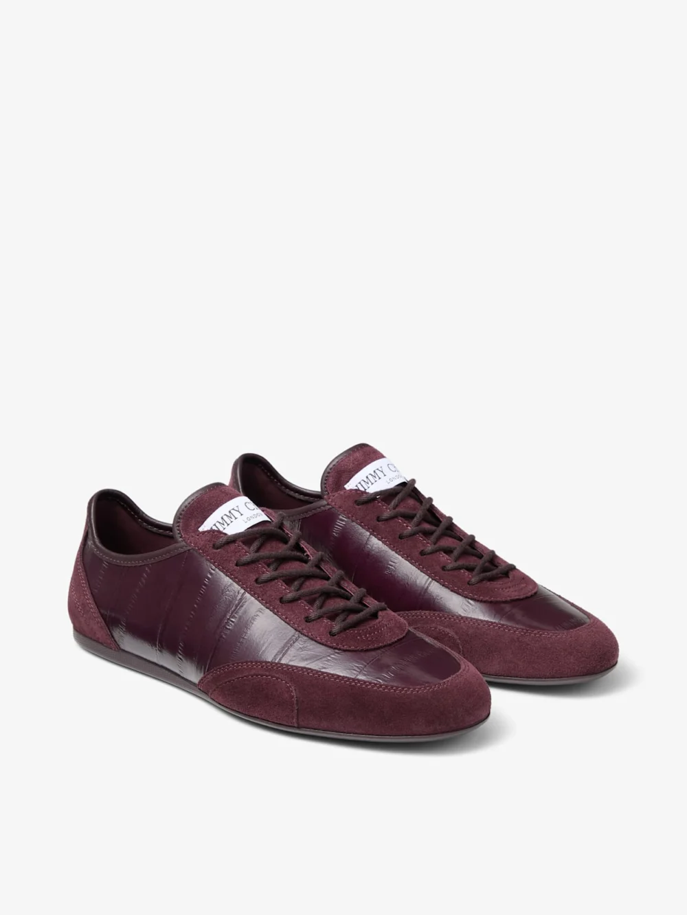 Back view of the Jimmy Choo Sunny F Deep Merlot Leather Mix and Eel Printed Leather Low Top Trainers