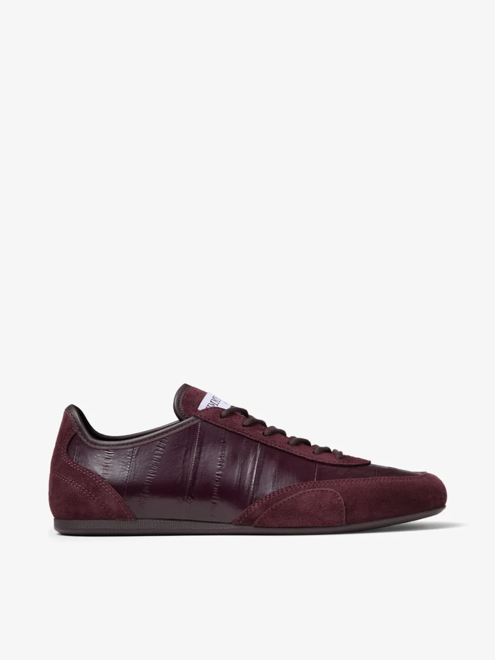 Jimmy Choo Sunny F Deep Merlot Leather Mix and Eel Printed Leather Low Top Trainers in v deep merlot