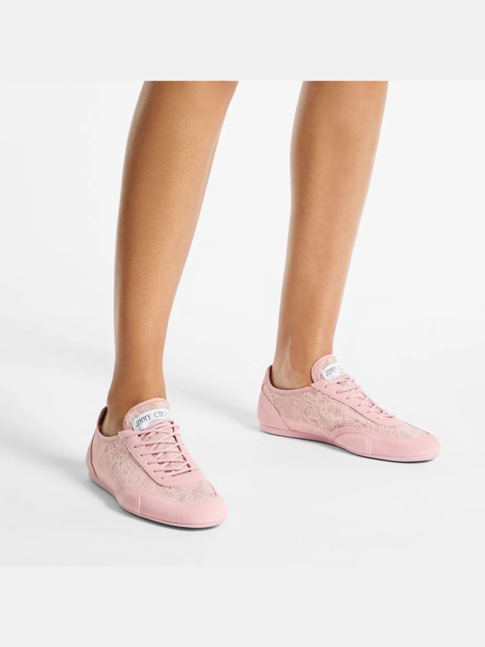 Close-up detail of the Jimmy Choo Sunny F Rose Leather Mix and Jimmy Choo Lace Low Top Trainers