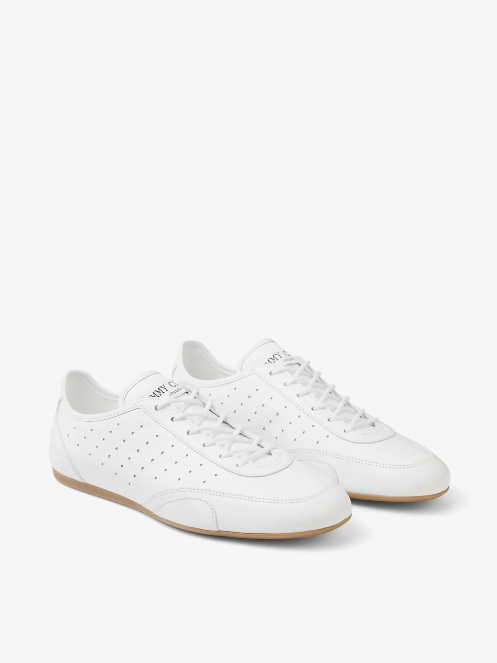 Close-up detail of the Jimmy Choo Sunny F White and Gum Leather Mix Low Top Trainers