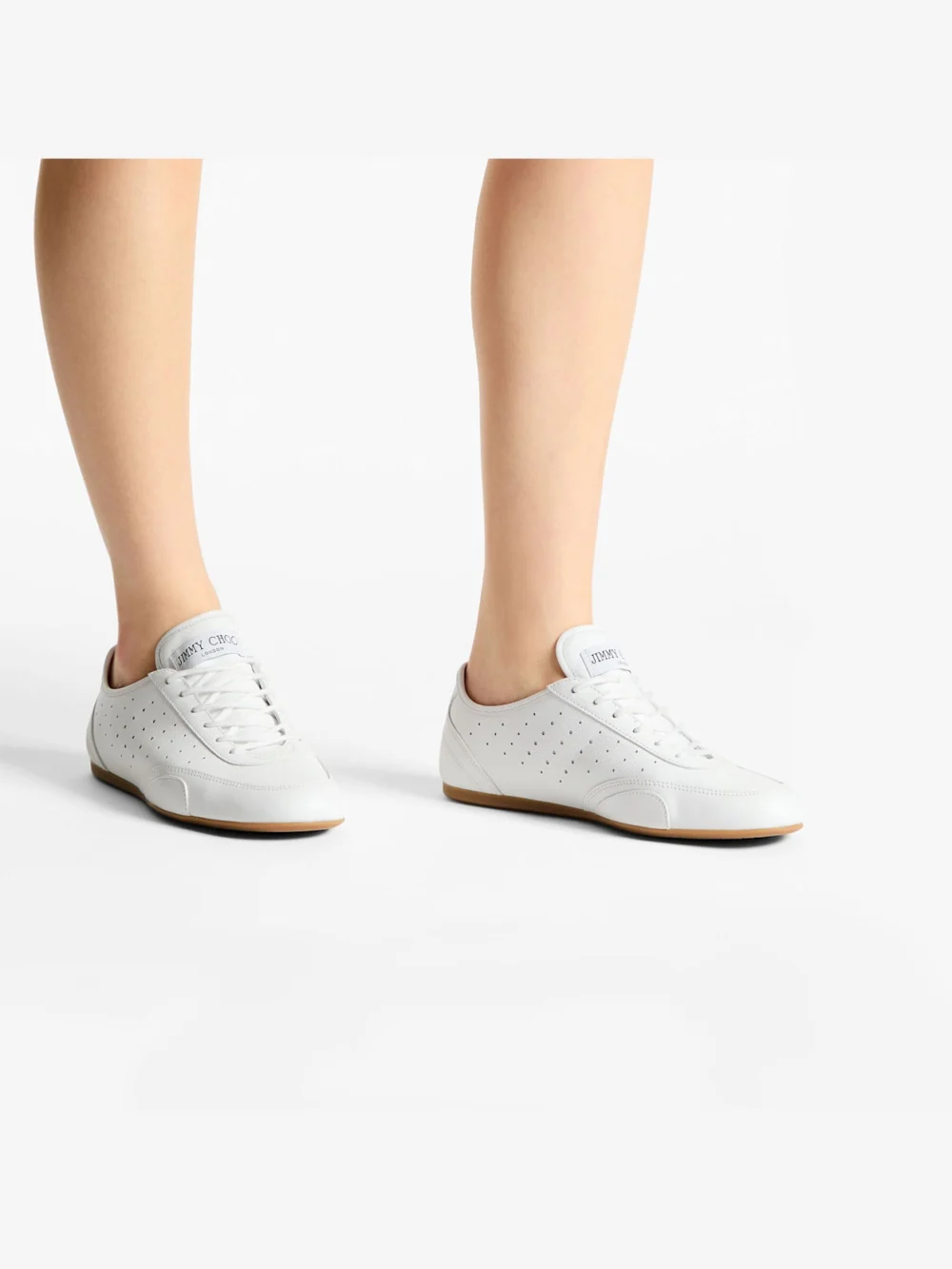 Side view of the Jimmy Choo Sunny F White and Gum Leather Mix Low Top Trainers