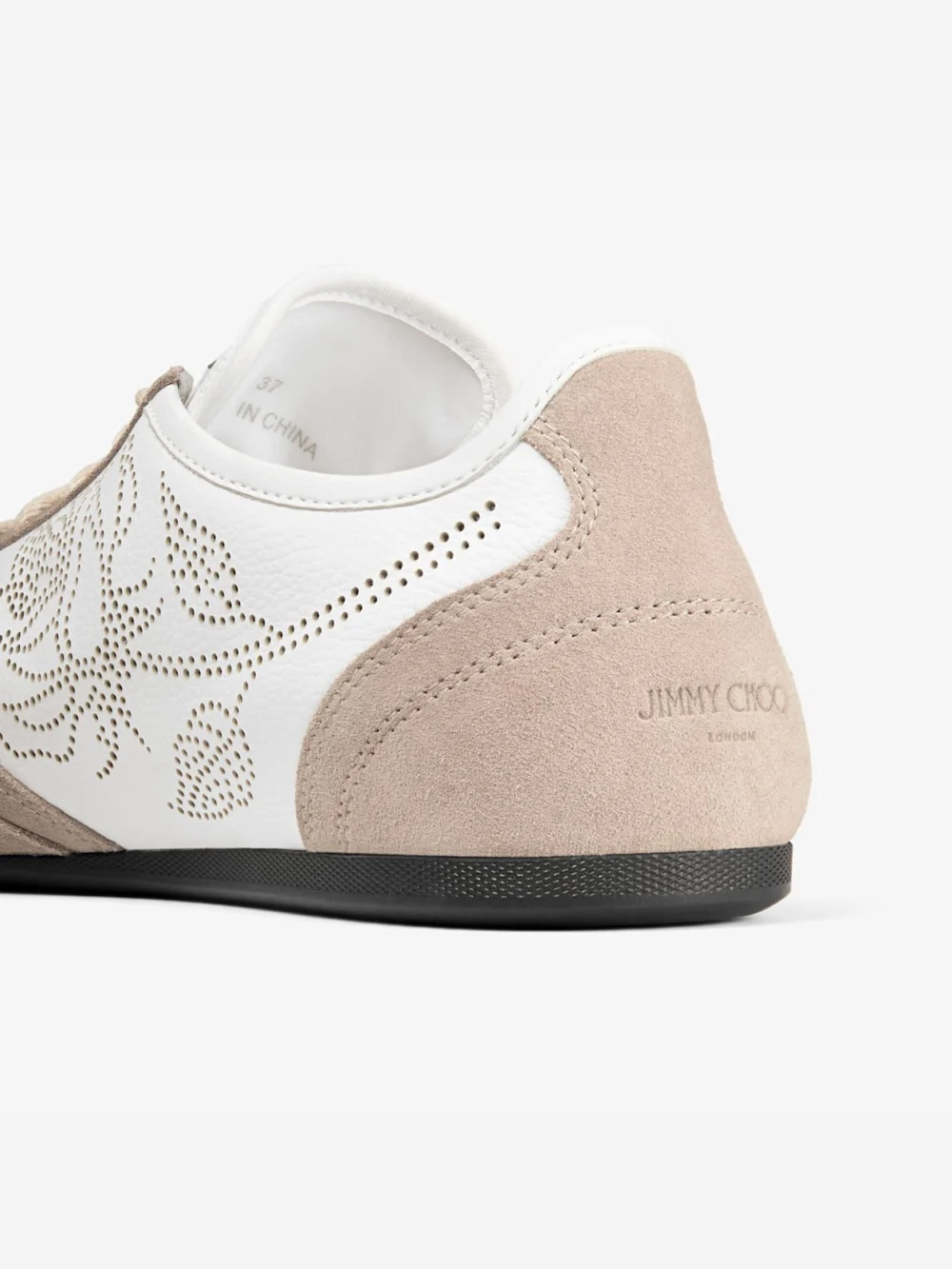 Back view of the Jimmy Choo Sunny F White and Stone Leather Mix and Perforated Leather Low Top Trainers