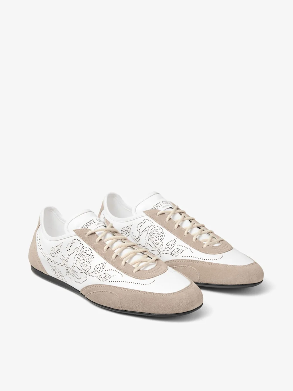 Close-up detail of the Jimmy Choo Sunny F White and Stone Leather Mix and Perforated Leather Low Top Trainers